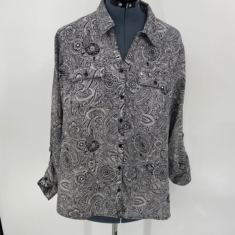 Rebecca Malone Monochrome Paisley Blouse SIZE 2X BUTTON DOWN